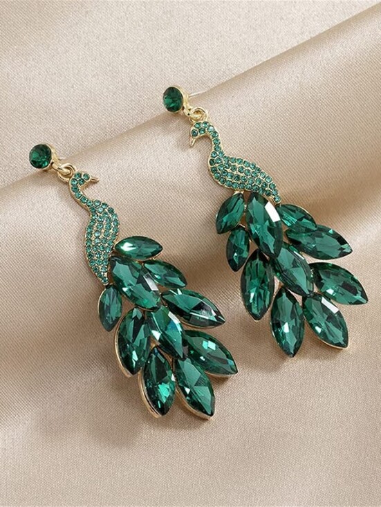Jewelry - 14K Gold Plated Vintage Peacock Dangle Earrings Green Crystal